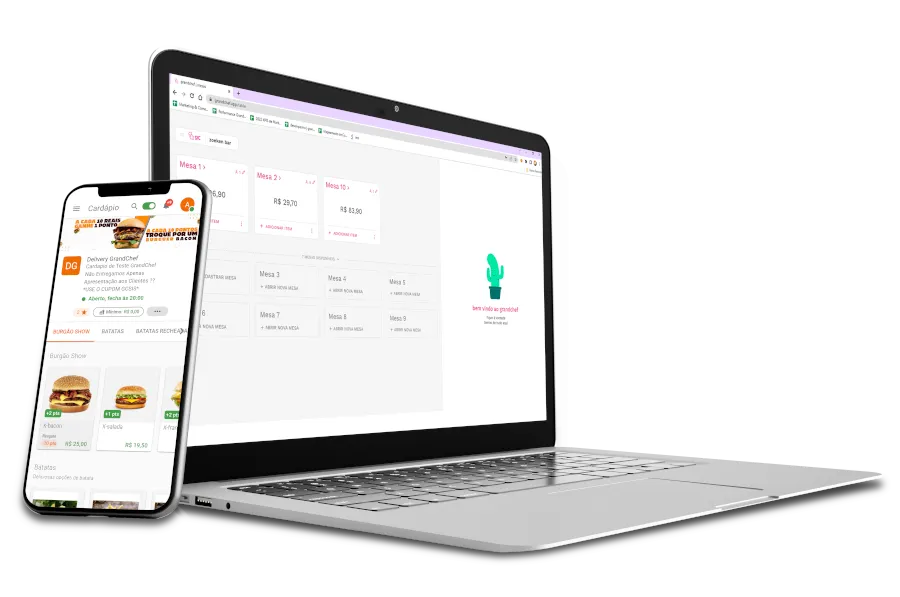 Laptop e celular exibindo o app grandchef