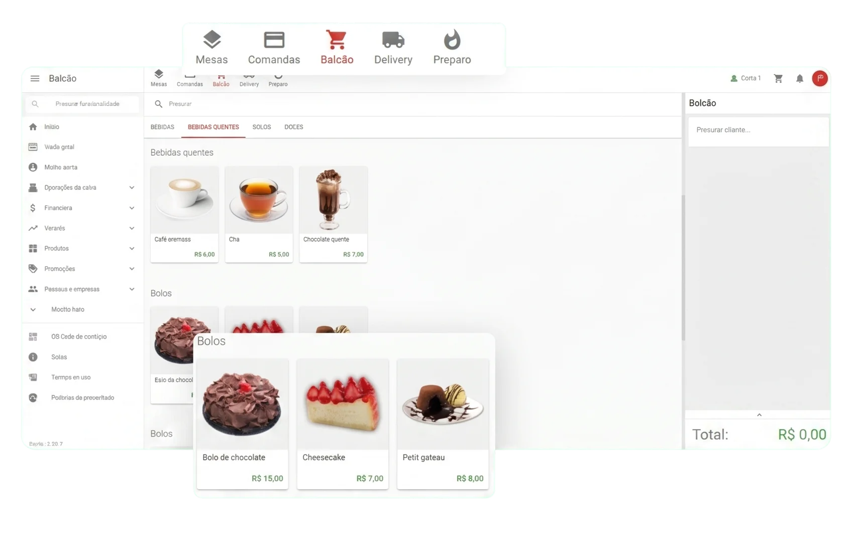 Tela do sistema GrandChef na frente de caixa com cardápio e totais